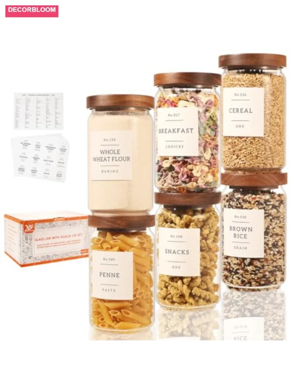 6 Pack Glass Canisters with Airtight Acacia Lids and 132 Pantry Labels, 24 oz
